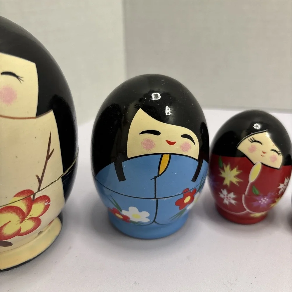 Vtg‎ Kawaii Kokeshi Nesting Dolls 6 Pieces Gift Japan Lotus Flower 4 In